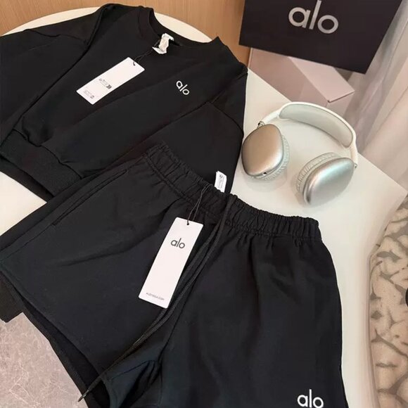 ALO Yoga Tops - Alo Yoga All-Black Cool Cropped Crew Neck Sweatshirt + Shorts Two-Piece Set